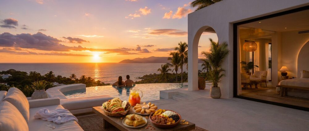 A hillside villa above the Caribbean at sunset, terrace and infinity pool looking out over the bay