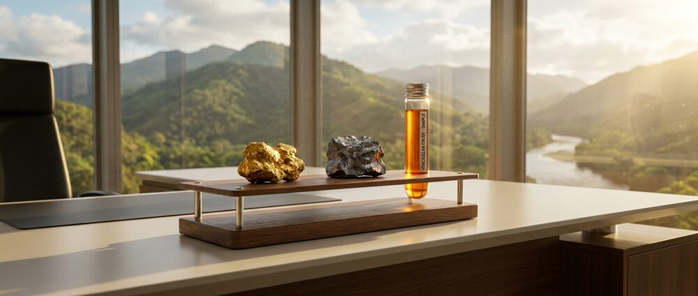 Gold, ore and a sealed vial of Venezuelan crude on a desk, with forested mountains and a river beyond the window